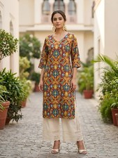 Indian Women Bollywood Cotton Multi-Color Printed Kurta Kurti Top Tunic Dress