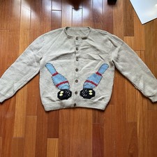 Vintage 50s Hand Knit Cowichan Style Bowling Pin Sweater Cardigan Wool 21? x 22