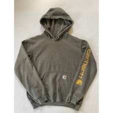Carhartt Mens Small Hoodie Olive Green Sleeve Logo Sweatshirt - Paint Spots