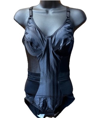 Vtg Cupid Body Shaper All in One Bodysuit 36B Underwire Satin Black Firm Control