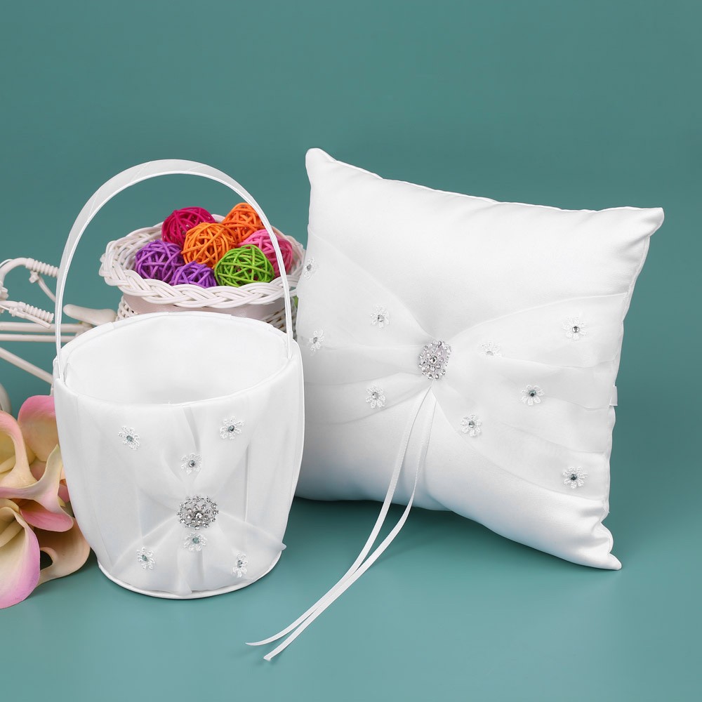White Rhinestone Decorated Ring Bearer Pillow And Flower Girl Basket Set Popular