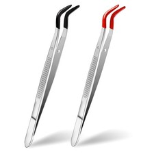2 Pcs Craft Tweezers w/ Rubber Tips Soft PVC Coated Curved Angled Anti-Satic