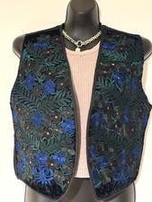 NEW Sz Medium Guatemalan hand embroidered floral Blue Green Black cotton vest