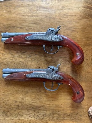Vintage 1950s Hubley Flintlock Toy Pistols Pair Die Cast Non-Firing Display