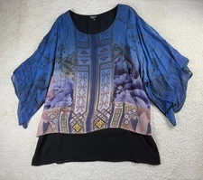 Citron Silk Blouse Womens Medium Kimono Tunic Top Floral Art Deco Made in USA