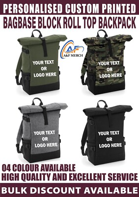 Personalised Custom BagBase Block Roll-top Backpack Work School Travelling BG858