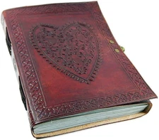 Large Vintage Heart Embossed Leather Journal with Lock Closure - Handmade Paper