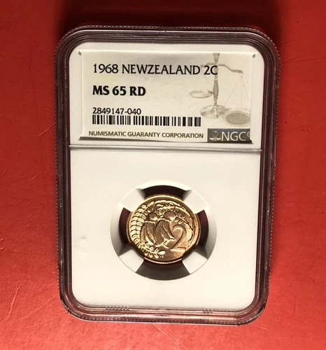 NEW ZEALAND -1968-UNCIRCULATED 2 CENT COIN,GRADED BY NGC 65 RD.