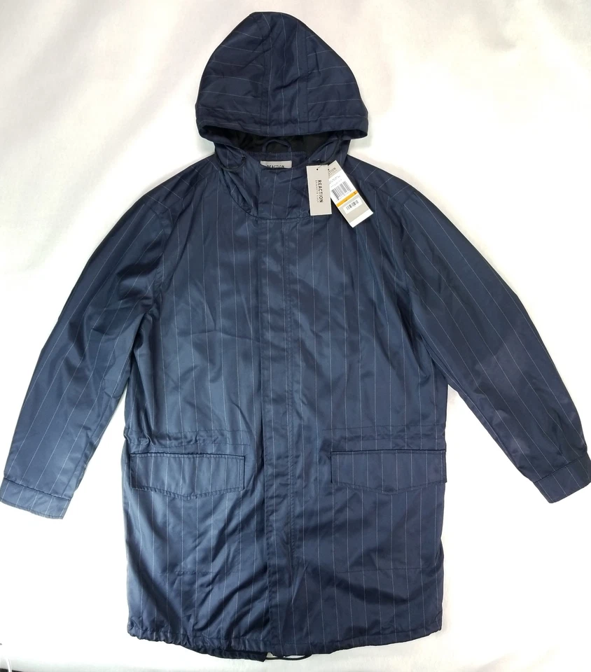 Kenneth Cole Reaction Pin Rayas Cremallera Snap Impermeable Abrigo Azul Marino Pequeño Foto 2 de 4