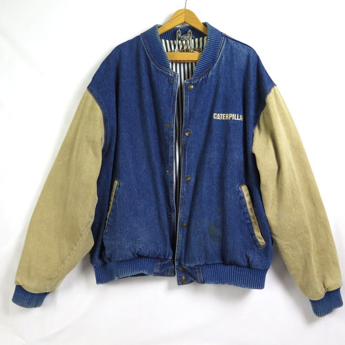 Turning Point CATERPILLAR Jacket Men's 2XL Blue Jean Denim VARSITY Style Classic