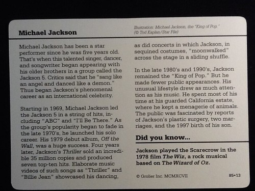 Grolier Cards Arts & Entertainment Card Michael Jackson "King of Pop" # 85-13 - Bild 2 von 2