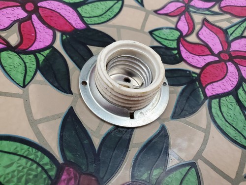Vintage Floral Pattern Stained Glass Ornate Brass Tone Trim Ceiling Fixture 14" - Picture 8 of 12