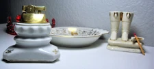  White w/ Gold Trim Porcelain: Working Table Lighter, M.C.M. Ashtray - Match-Sti