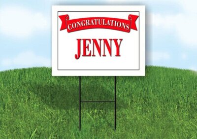 JENNY CONGRATULATIONS RED BANNER 18in x 24in Yard sign with Stand