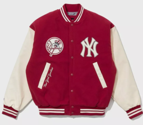Men’s NY Yankees Baseball Dark Red Varsity Jacket with white leather sleeves