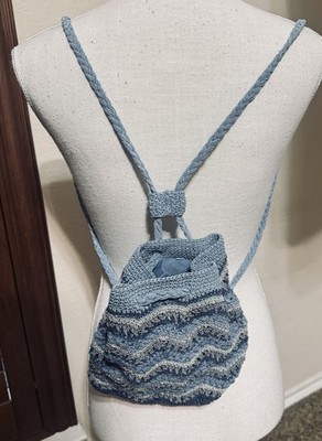 Crochet Small Bag Navy Blue Mini Backpack Chevron Striped
