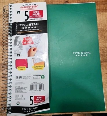 Five Star Wire Bound Notebook 5 Subject 200 Sheets College Ruled 11X8.5 In Green
