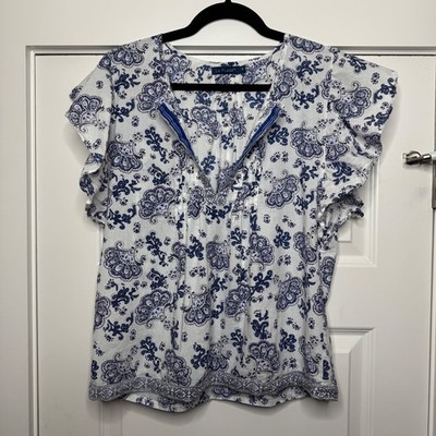 La Plage Women's Top White Blue Flutter Sleeve Ruffle Preppy Coastal Sz Small