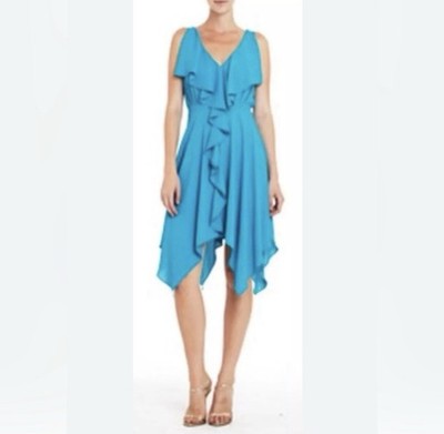 Max & Cleo Women s Blue V-Neck Ruffle Asym Fit & Flare Dress Sz 8