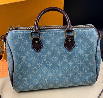 Louis Vuitton Speedy Denim Monogram Top Handle Bag Crossbody Blue