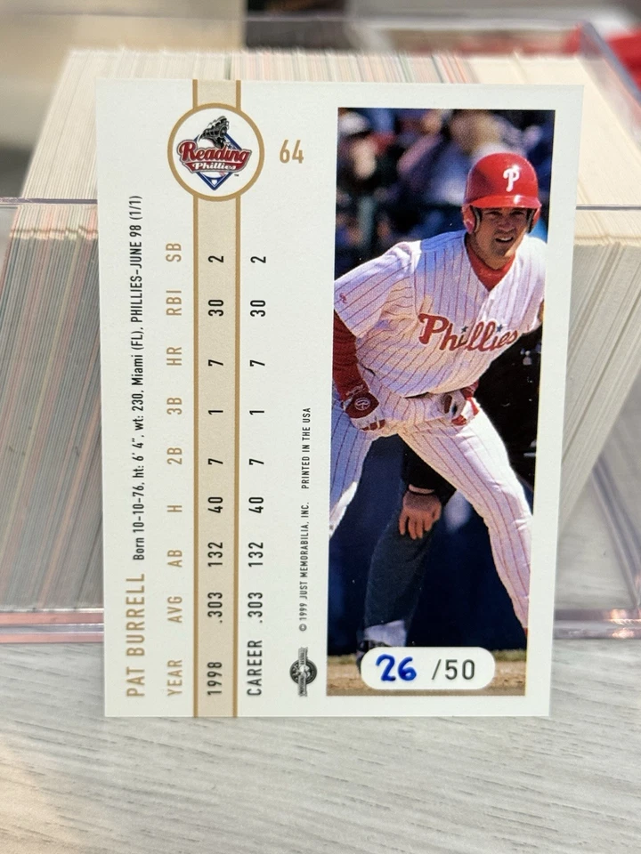 RARE! 1999 Just Minors Pat Burrell Black Border #64 Reading Phillies #’d 26/50 - Image 2 of 2