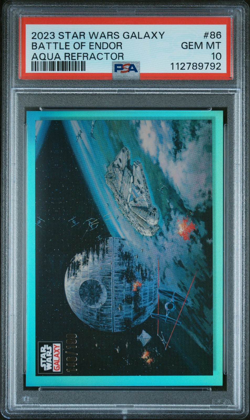 2023 TOPPS CHROME STAR WARS GALAXY AQUA REFRACTOR BATTLE OF ENDOR 146/199 PSA 10