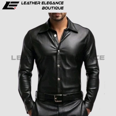 Men s Black Genuine Leather Shirt   Slim Fit Long Sleeve Button-Up
