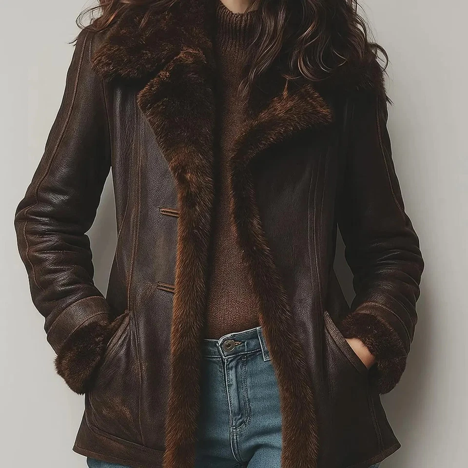 Women’s Shearling Leather Coat – Vintage Brown Sheepskin Jacket with Fur Lining - Image 4 of 4