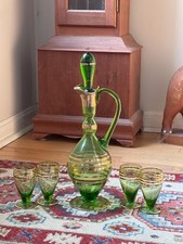 Vintage Emerald Green Glass Decanter Set with 4 Wine Glasses, Gold Gilded