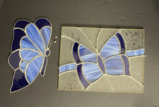 Stained Glass Butterfly  Sun-catcher Panel Blue Lot of 2 Handmade