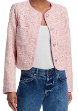 AQUA Pink Tweed Boucl  Jacket XS Gold Buttons Sparkle Cropped Preppy