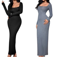 Women's Square Neck Long Sleeve Ribbed Bodycon Maxi Dress Casual Black US