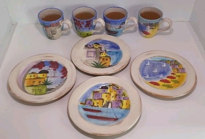 VIETRI La Fenice Italy Hand Painted Seacoast 8.5'' Set of 4 Salad Plates & 4 Mugs