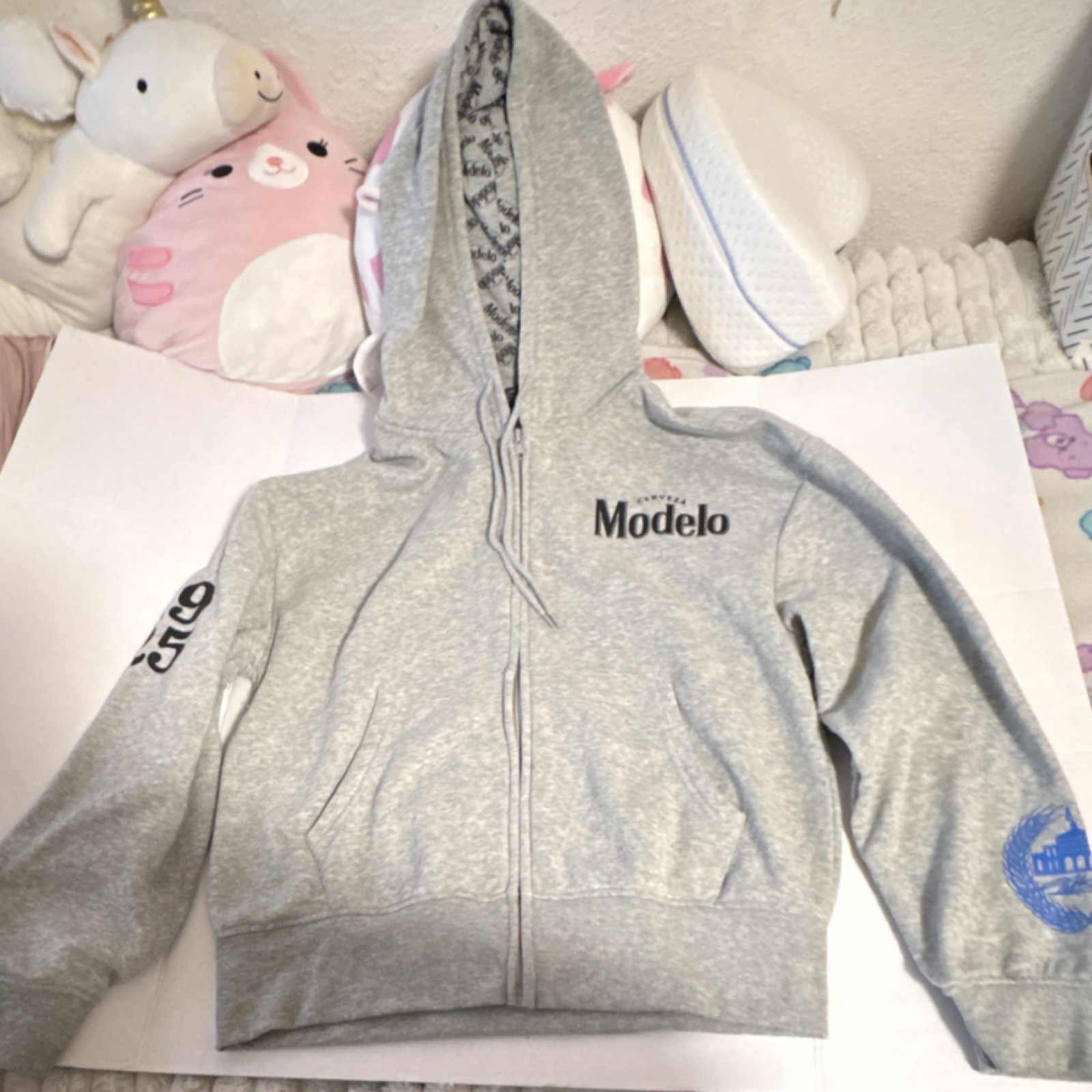 Modelo Graphic Print Full Zip Hooded Fleece Hoodie Gray Men's Size L