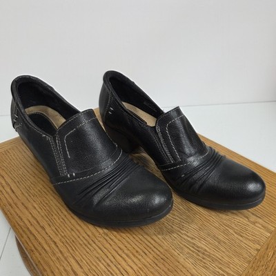 Cobb Hill Shoes Womens Size 7.5M Black Slip On Block Heel Ruched Leather Comfort