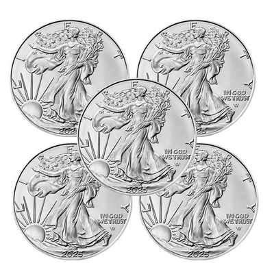 #ad Lot of 5 2025 $1 American Silver Eagle 1 oz BU $408.15