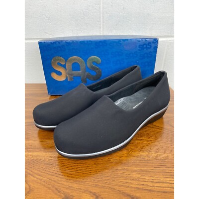 NIB SAS Bliss Comfort Slip On Loafers Wide Width Shoes Black Cushioned 9 WW
