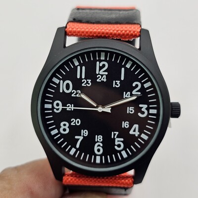 Men's Field Watch 42MM Black Dial Case Orange Black Canvas