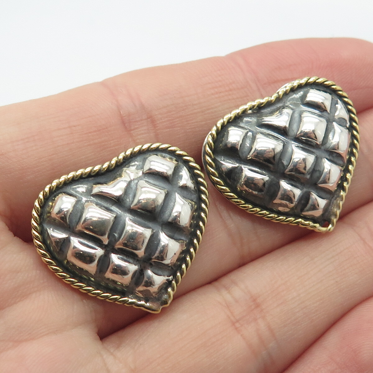 Vintage Heart Earrings Silver 925 Sterling Silver 2-Tone Vintage