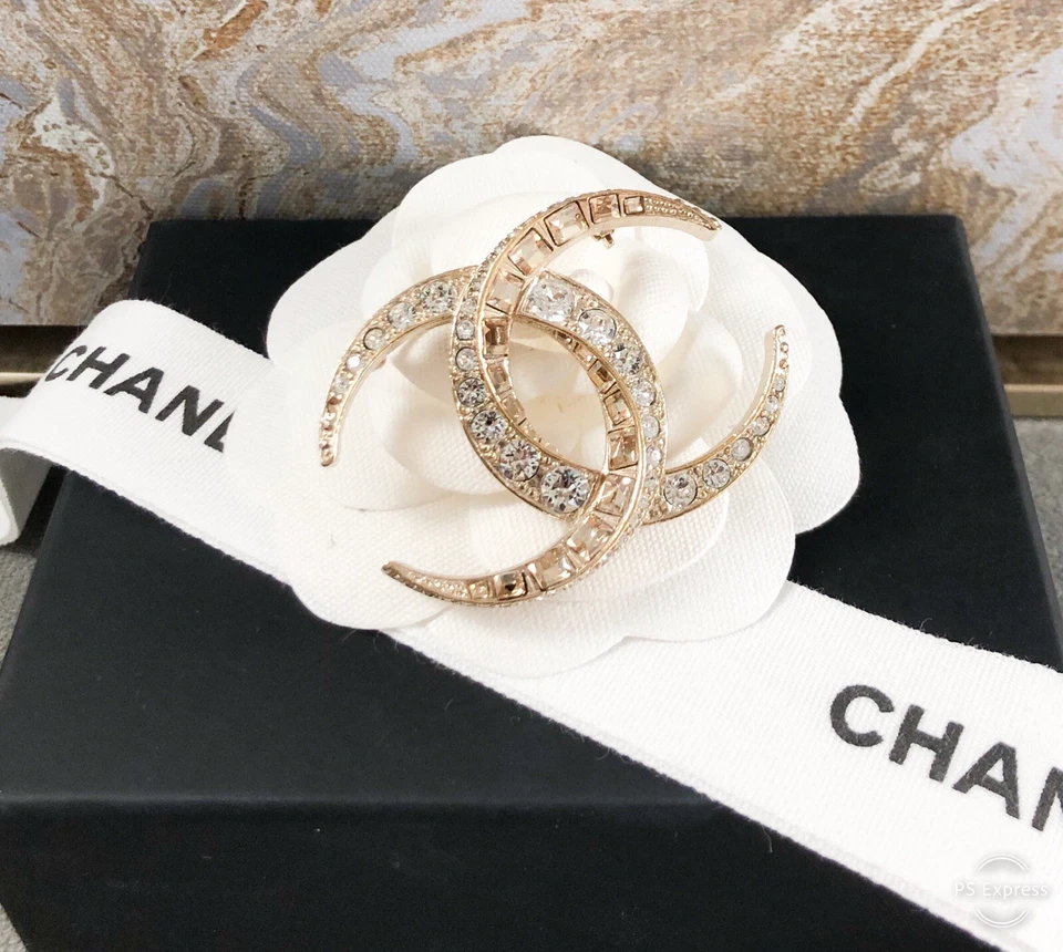 Chanel XL Dubai Halfmoon Silver Two Tone CC Crystal Brooch 