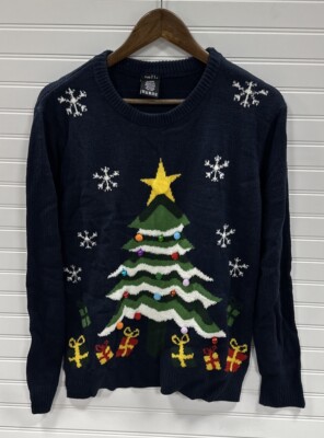 Rue 21 Blue Ugly Christmas Sweater Tree Bells and Pom Poms Size XL NWT