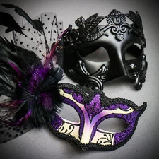 Venetian Black Warrior Half-Face Purple Glitter Black Feather Eye Couple Mask