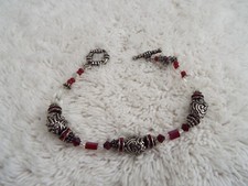 Silvertone Red Rhinestone Bead Bracelet J28 
