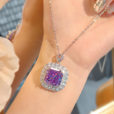 New Square Ice Flower Cut Purple Kunzite Gemstone Silver Necklace