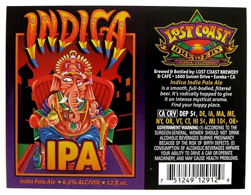 Lost Coast Brewery INDICA IPA beer label CA 12oz Var. #4 - ABV 6.5% ERROR - 第 1/1 張圖片