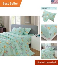 Green Floral Printed Sheet Set King Size, 4 Piece Soft Botanical Microfiber S...
