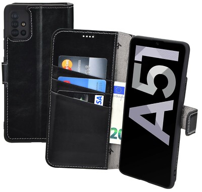 Samsung Galaxy A51 Hülle Book Style Tasche Echt Leder Wallet Case in  Schwarz