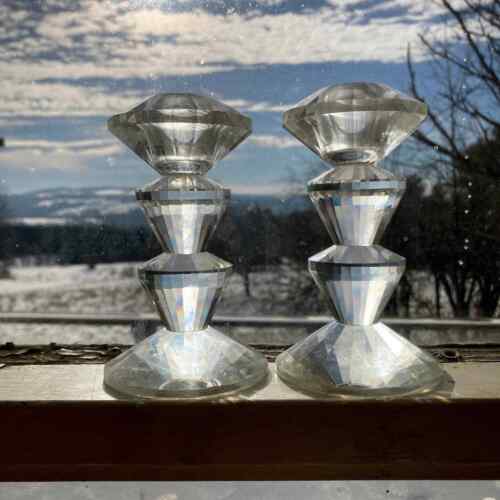 Simon Designs glass crystal candle stick holders pair  cut glass candle holders - Afbeelding 1 van 6
