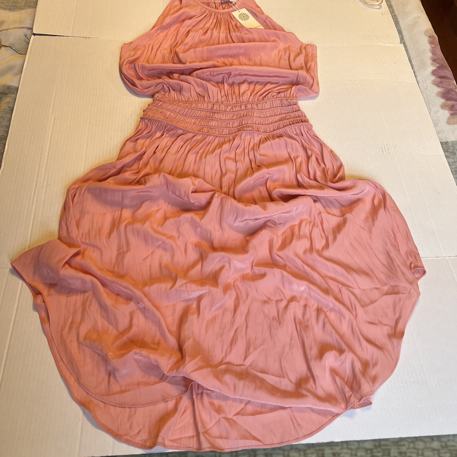 Ramy Brook Audrey Sz S-M Sleeveless Midi Peach Dress Smocked Cinched Waist thumbnail 10