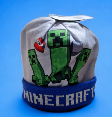 Minecraft Creeper Gamer  Mütze Wintermütze Hut Jungen Gr. 54/56 grau / blau